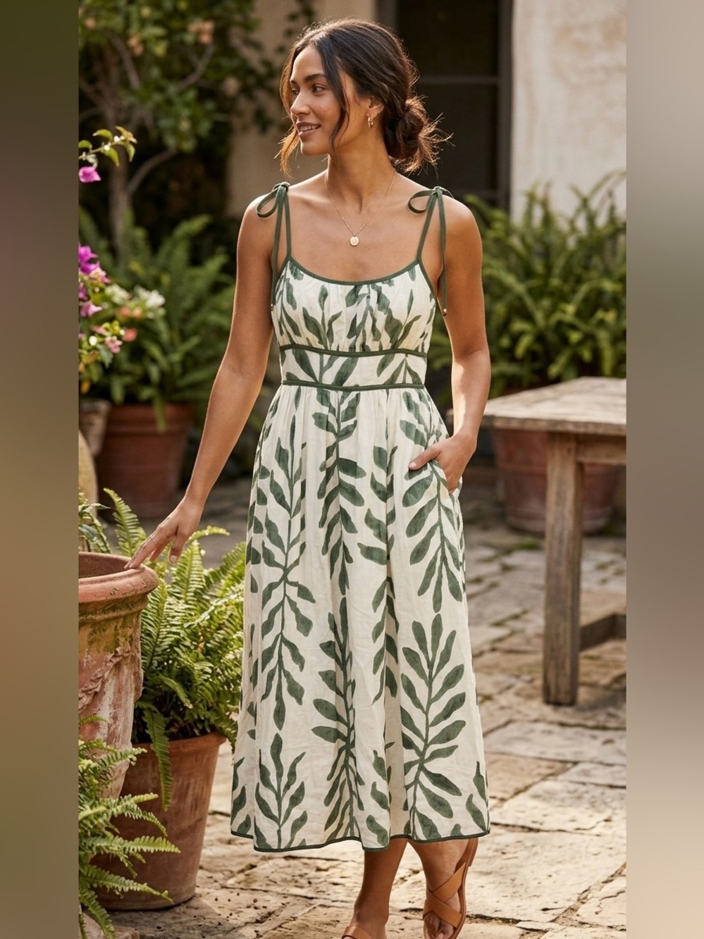 Entro Botanical Print Tie-Shoulder Midi Dress in Sage & Cream – Size M